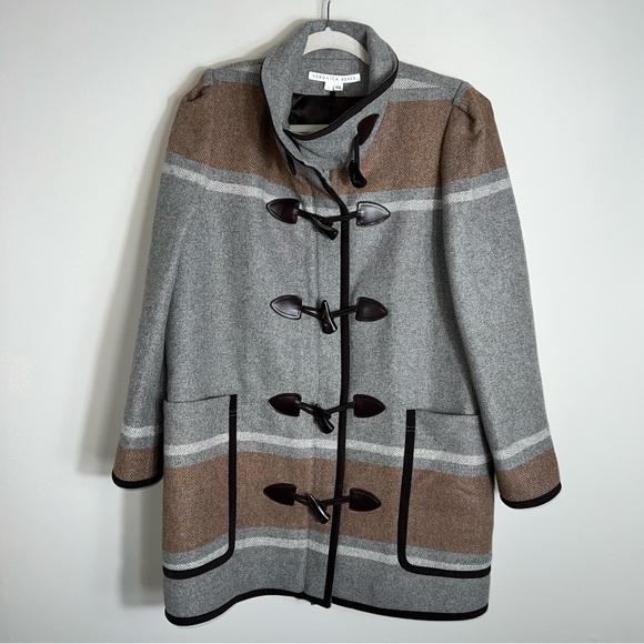 Veronica Beard Flint Dickey Peacoat-Wool Blend-Tan Gray Stripes-Large - Picture 1 of 12